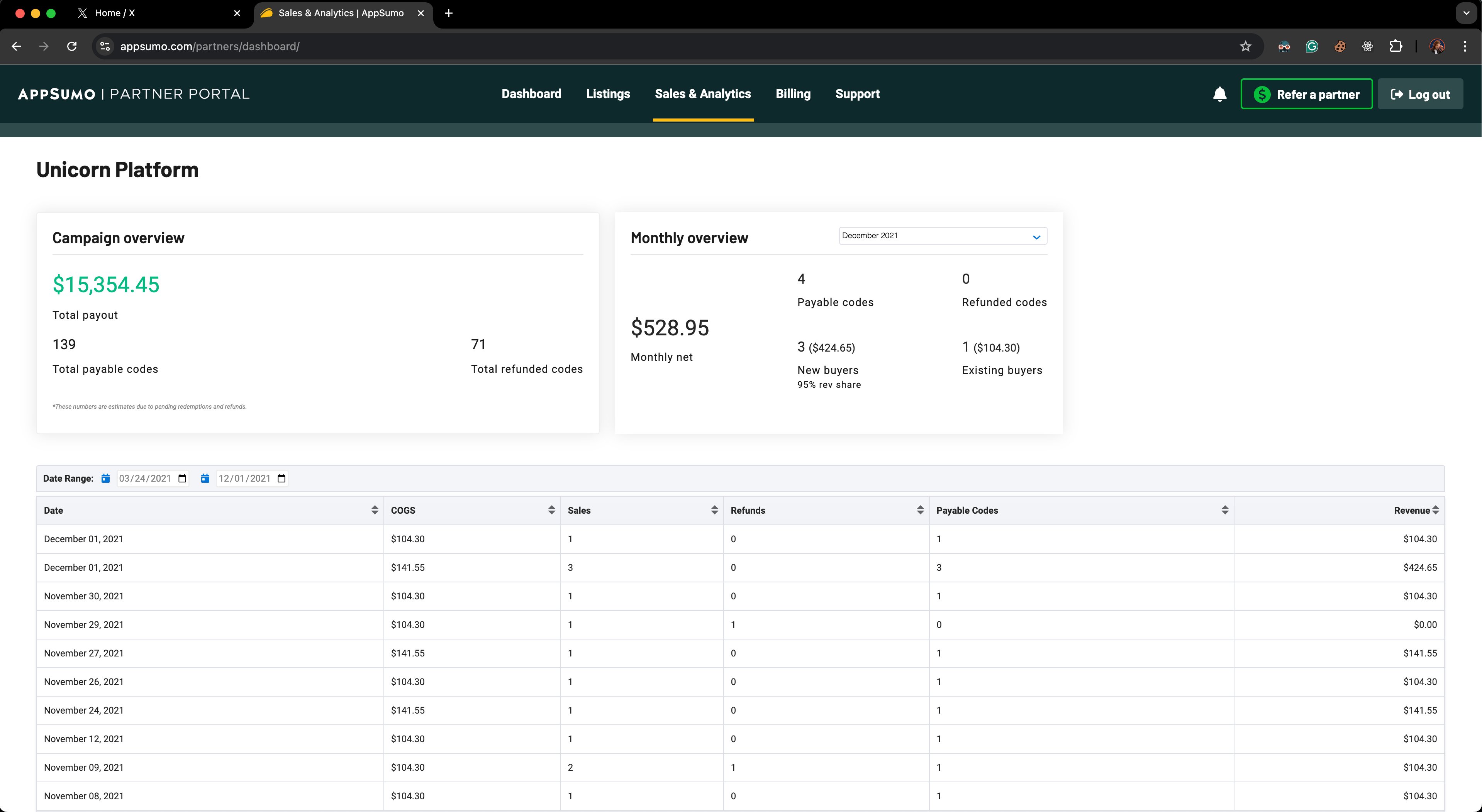 AppSumo dashboard with payable and refunded codes